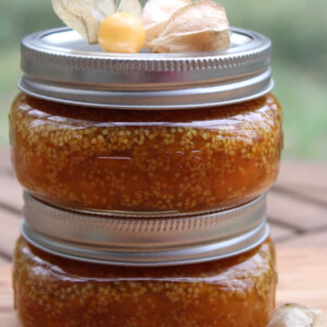 Two jars of husk cherry jam from homemade recipe
