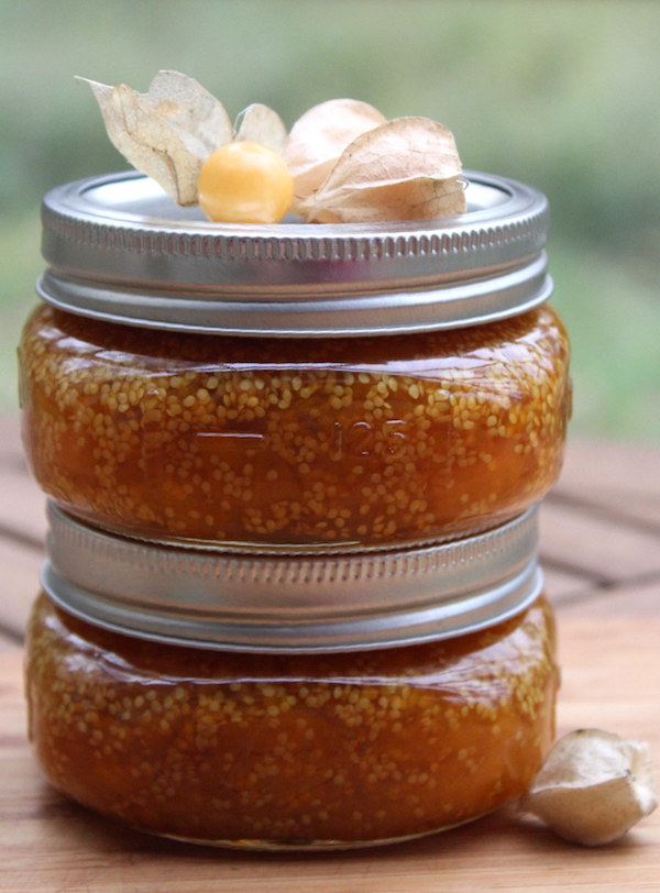 Two jars of husk cherry jam from homemade recipe
