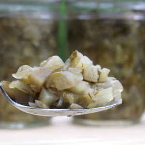A spoonful of homemade dill pickle relish after canning.