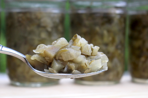 A spoonful of homemade dill pickle relish after canning.