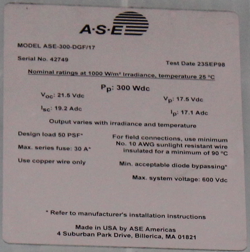 Specs Sheet from our Solar Panels