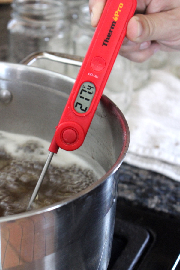 Finishing maple syrup on the stove. While we boil our syrup outdoors on a wood fired arch, we bring it into the house for finishing on the stove where we can control the final temperature more precisely.