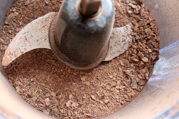 Grinding birch bark flour in a food processor.