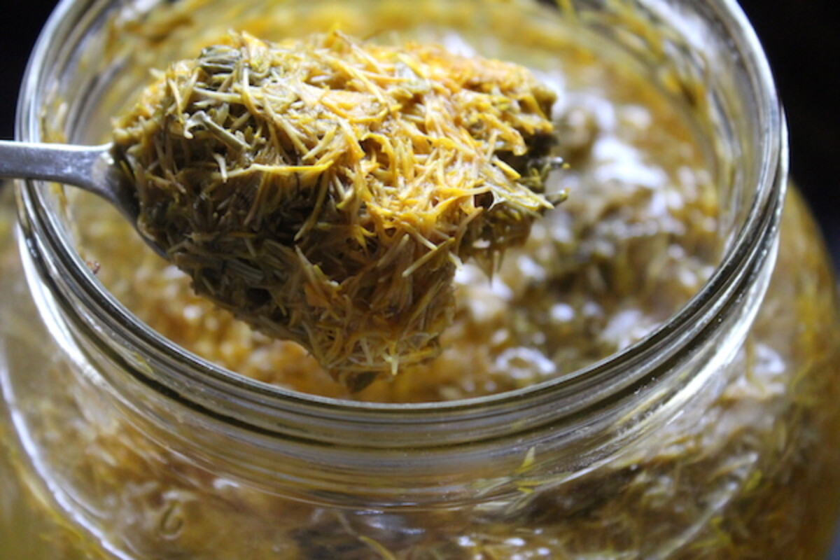 Removing dandelion petals from dandelion wine during racking, after the primary ferment.