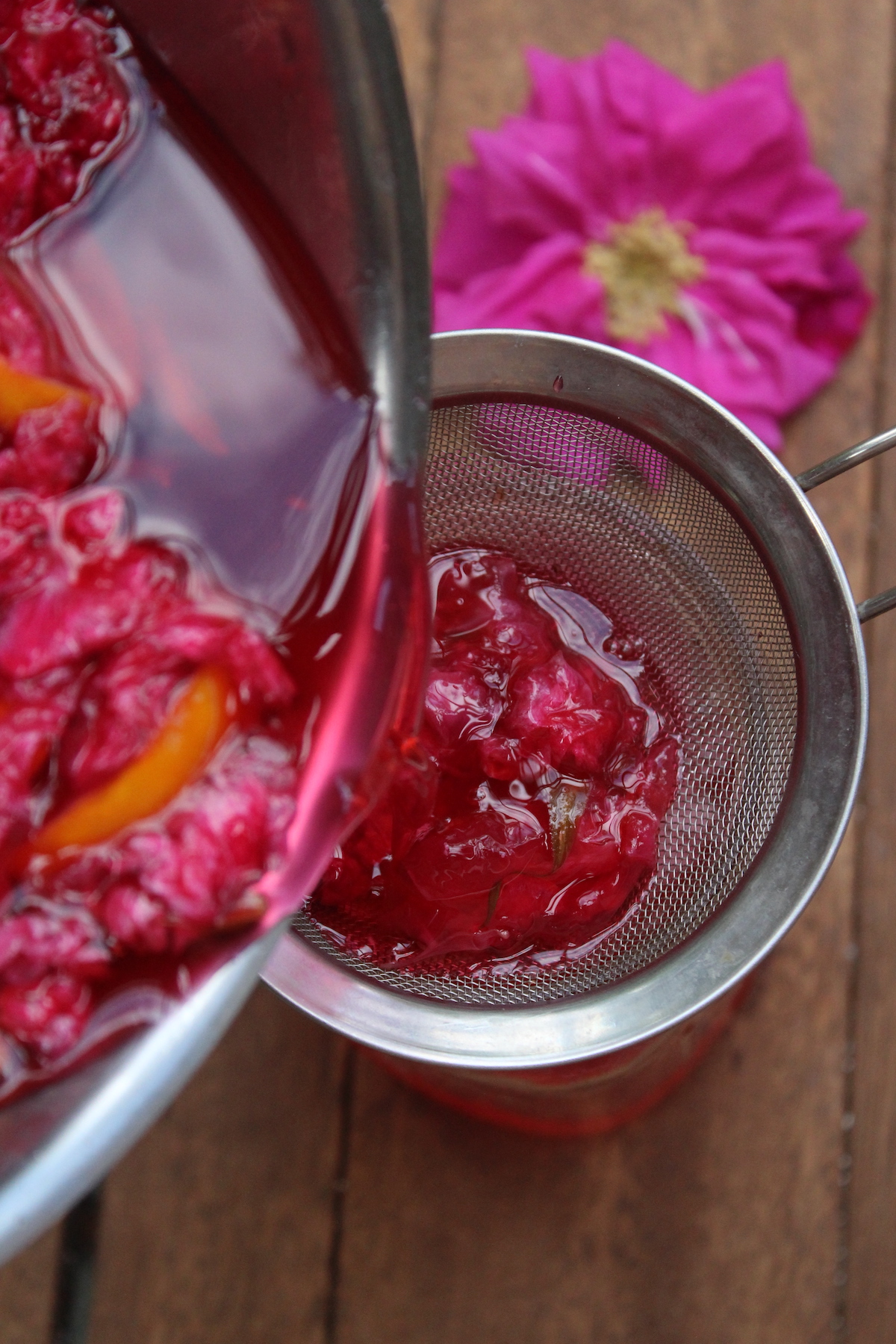 Filtering Homemade Rose Cordial