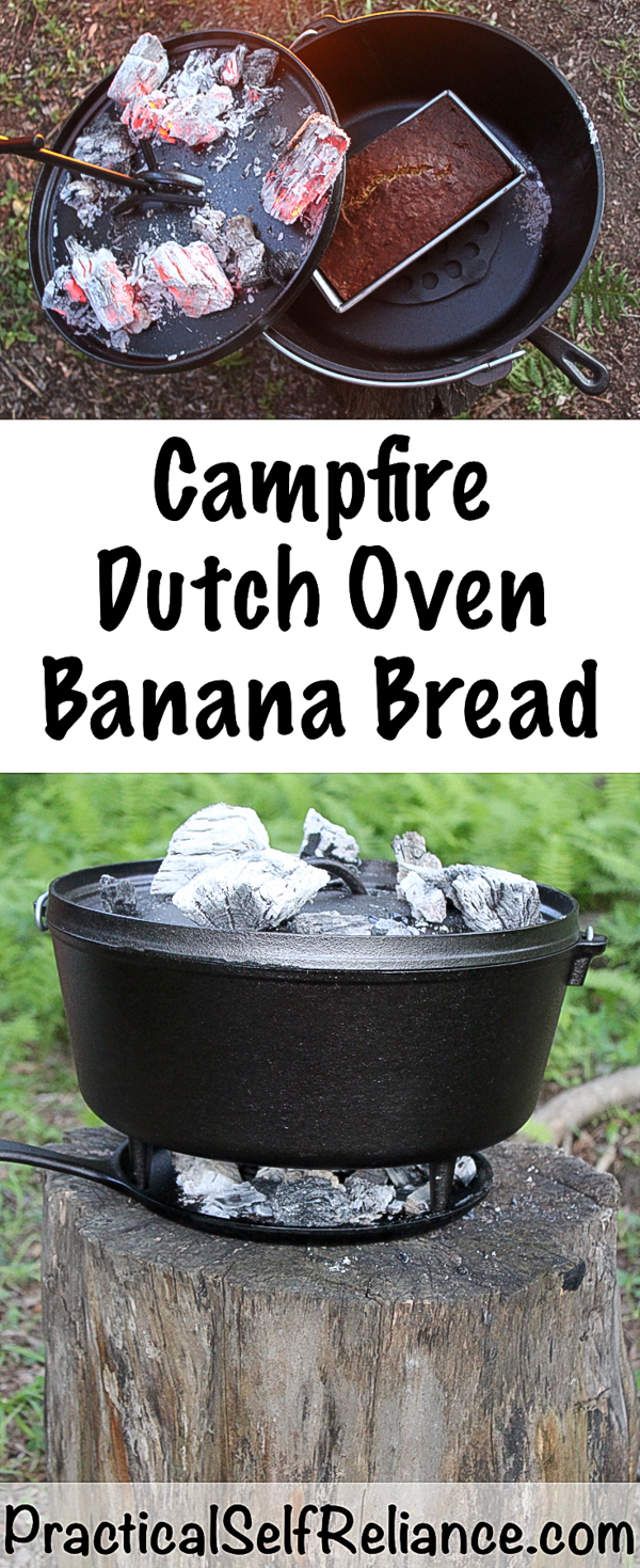 Campfire Dutch Oven Banana Bread #bananabread #camping #campingfood #campingrecipes #dutchovenrecipes #dutchoven #survial #preparedness #prepper #shtf #glamping