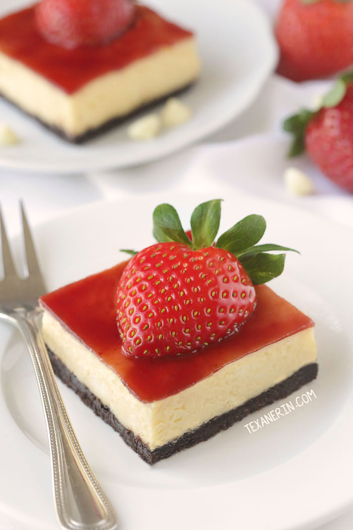 Strawberry White Chocolate Cheesecake Bars from Texanerin