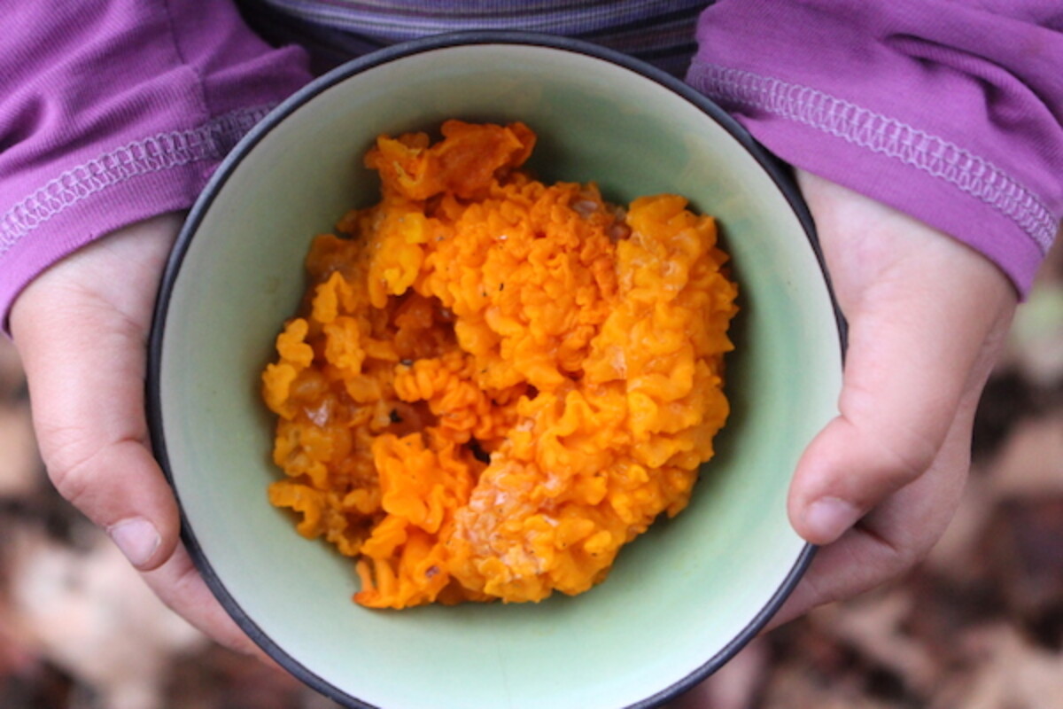 A bowl of witches butter mushrooms harvested for cooking experimentation.