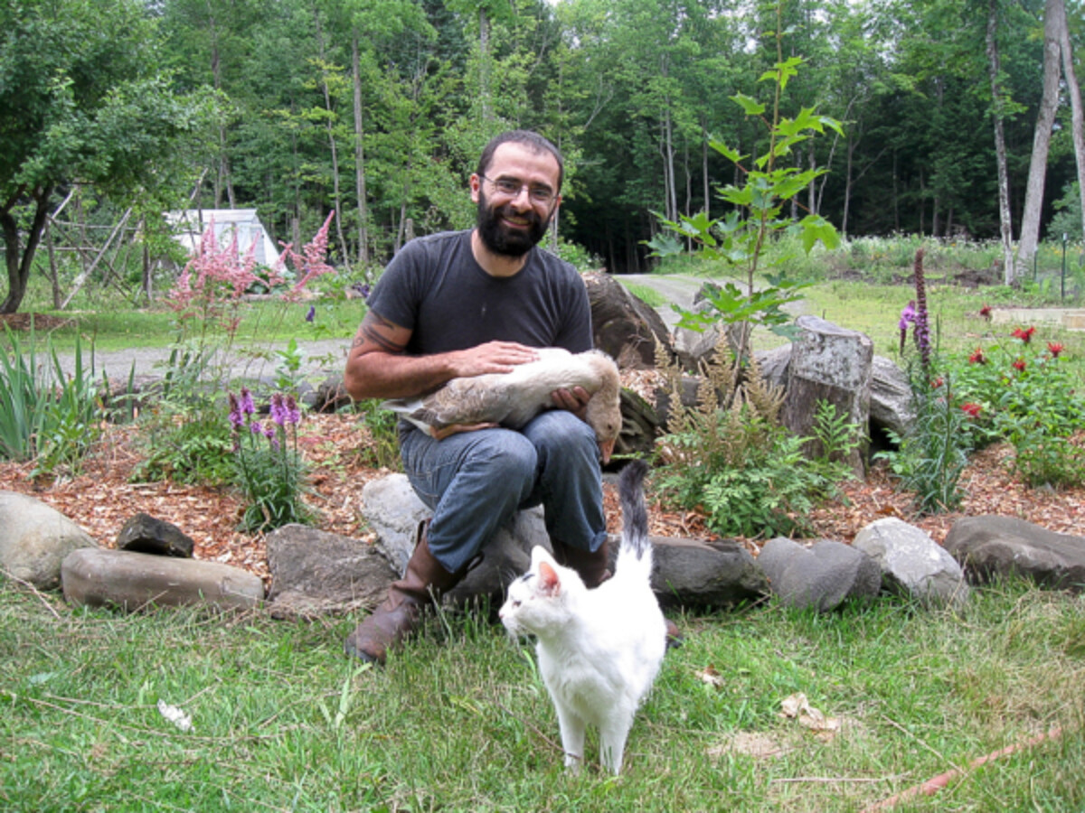 Goose sitting on mans lap