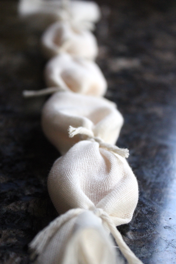 Cured egg yolks drying in cheesecloth