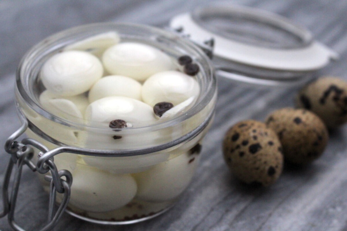 Pickled quail eggs in canning jar