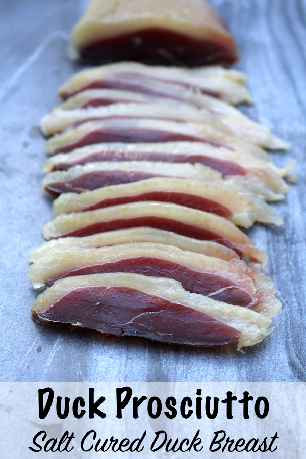 Duck Prosciutto ~ Salt Cured Duck Breast ~ An easy beginning charcuterie project, dry curing duck breast meat results in a tasty home charcuterie project ready to eat in about a week. #duck #recipes #curing #meat #proscuitto #charcuterie #foodpreservation #homesteading 