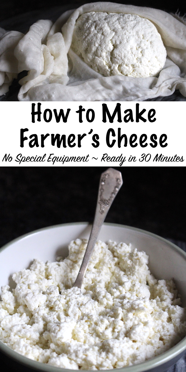 How to Make Farmer's Cheese ~ No special equipment and ready in under 30 minutes, homemade farmer's cheese is an easy beginning cheesemaking recipe. #cheese #recipe #homemade #diy #farmerscheese #beginner #easy