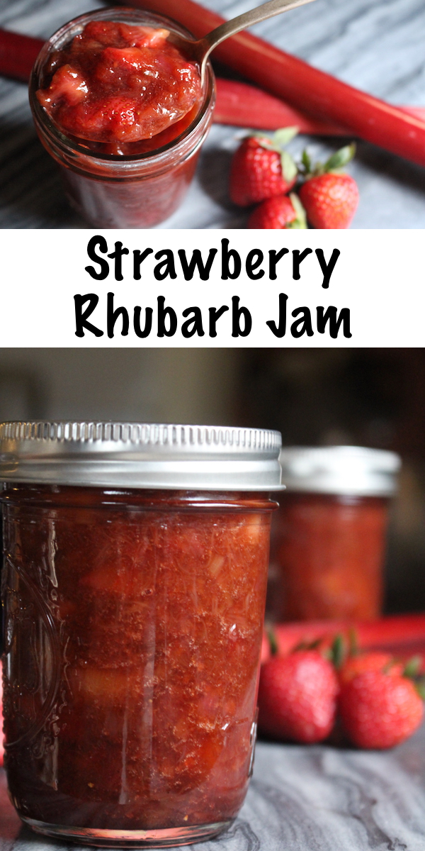 Homemade Strawberry Rhubarb Jam ~ This easy strawberry rhubarb jam is made without pectin. This recipe can be used for home canning or as a freezer jam. Instructions for a strawberry rhubarb jam with pectin are also provided, as well as low sugar options. #strawberry #rhubarb #jamrecipe #canning #foodpreservation #homesteading