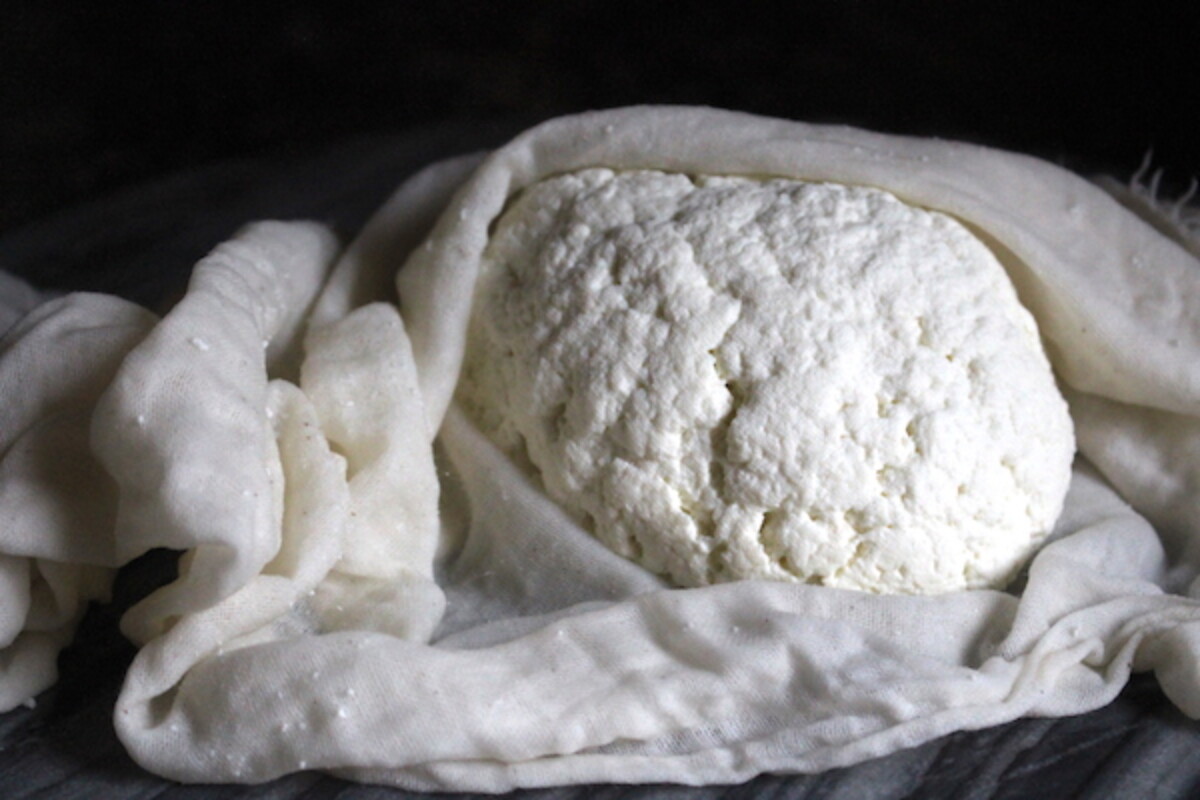 Homemade farmers cheese, strained a bit dryer than most. I bundled up the cheesecloth and pressed out the extra moisture for a dryer cheese.