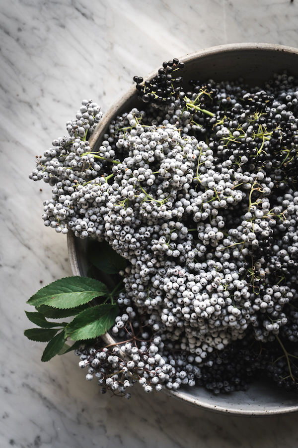 bowl of elderberries sits on a marble countertop