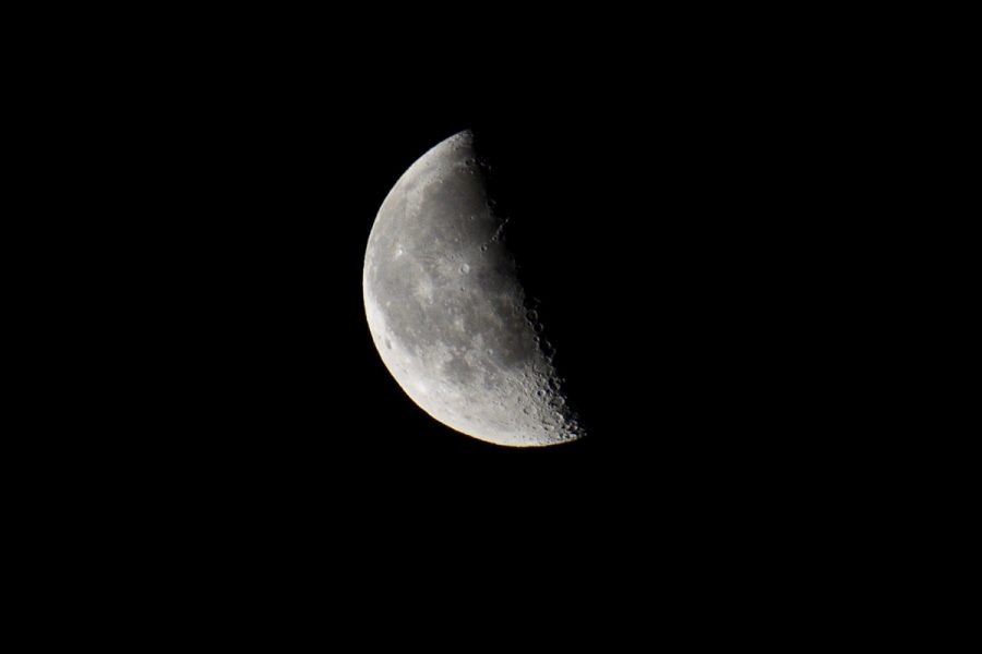 A quarter moon against the dark night sky.