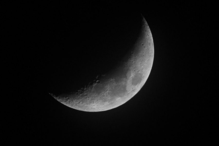 A waxing crescent moon in the dark sky.