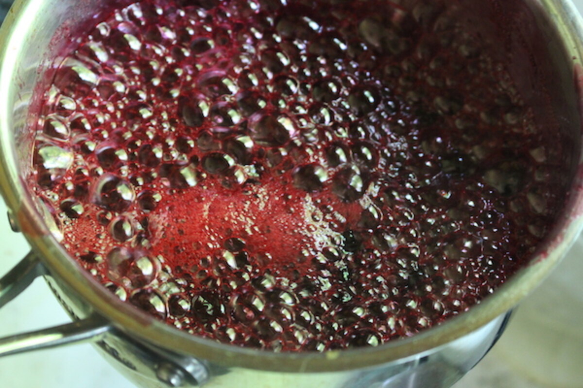 Honeyberry jam reaching gel stage, right as it's finishing.