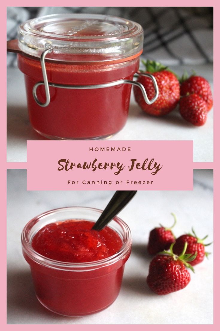 Homemade Strawberry Jelly ~ This simple strawberry preserve is perfect for canning, or as a freezer jelly. Strawberry jelly is all flavor, without distracting seeds or chunks to get in the way of a delicious fruit jelly. #strawberryjelly #jellyrecipes #strawberryrecipes #canning #foodpreservation #preservingfood #homestead #selfreliant #selfsufficiency #homesteading