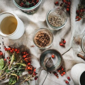 Ingredients for rose hip immunity tea spread out on a table.