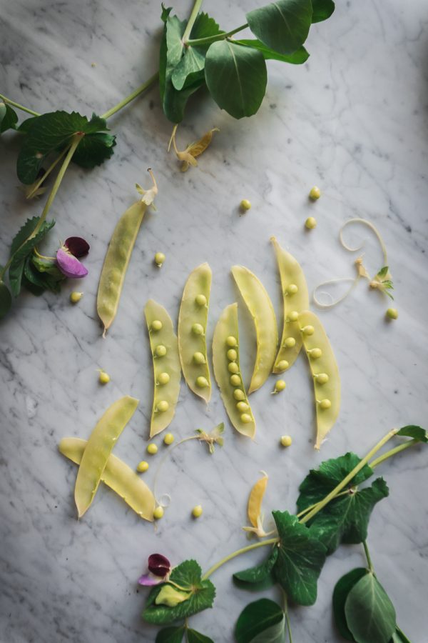 Golden snow peas lay opened up on marble counter. 