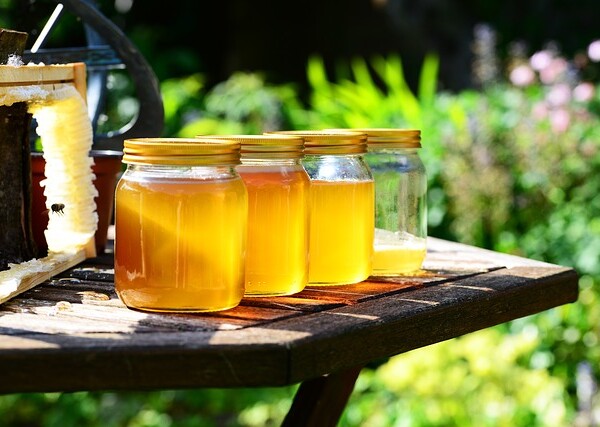 Extracting Honey From Comb into Glass Jars on a Table