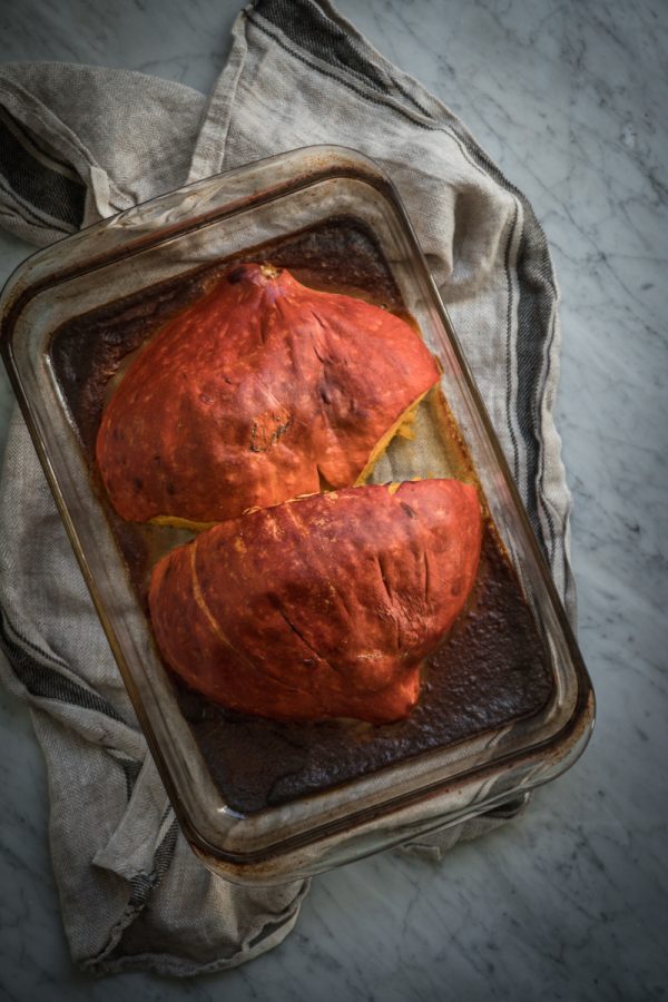 roasted pumpkin in a glass baking dish