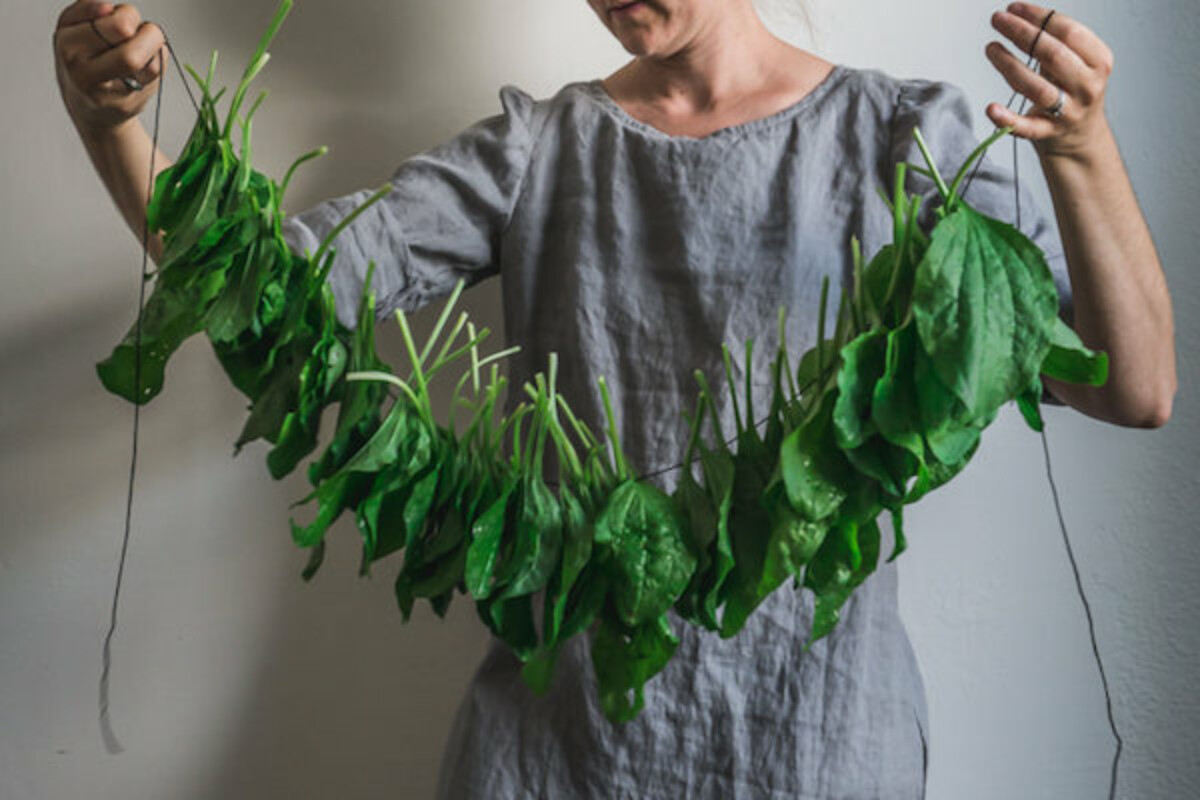 A woman holds a string of plantain leaves.