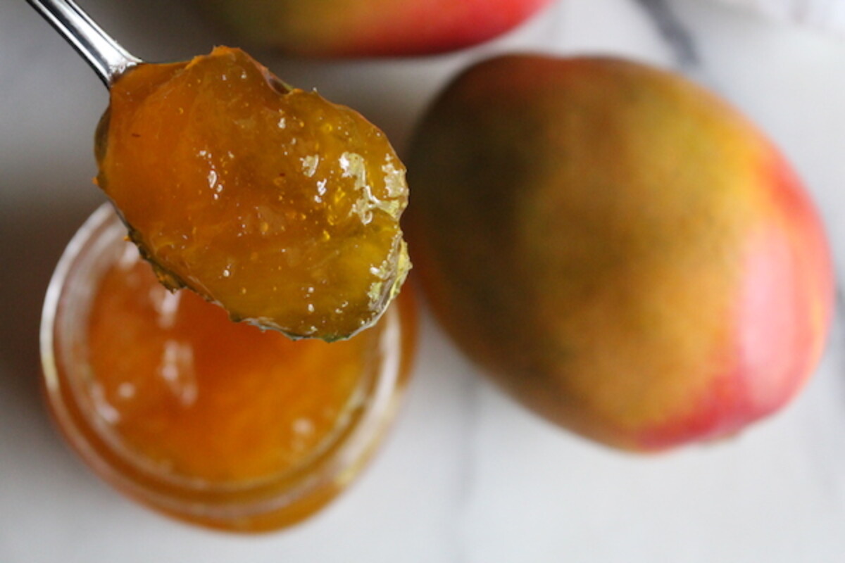 Closeup of mango jam on a spoon