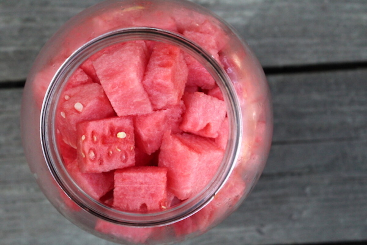 Chopped Watermelon in widemouth carboy for watermelon wine