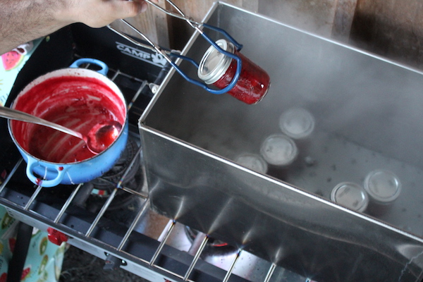 Canning strawberry jam in our outdoor canning kitchen