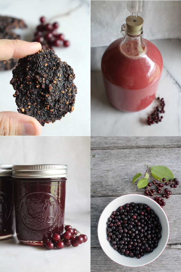 Ways to Use Chokecherries ~ Clockwise from Top Left: Pounded and dried whole chokecherry patties, chokecherry wine, ripe chokecherries stemmed, and chokecherry jelly