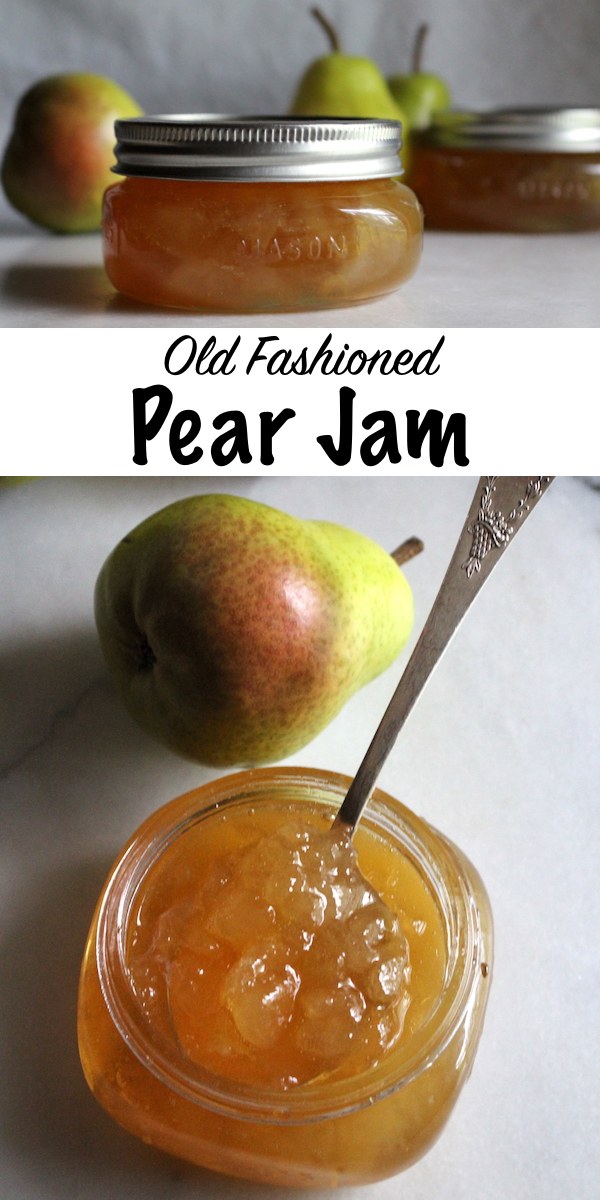 Old Fashioned Pear Jam Recipe ~ A simple old time recipe for homemade pear preserves with no added pectin. All you need is a bit of sugar and lemon to put up the pear harvest with the luscious pear spread. #canning #foodpreservation #preservingfood #homestead #selfreliant #selfsufficiency #homesteading