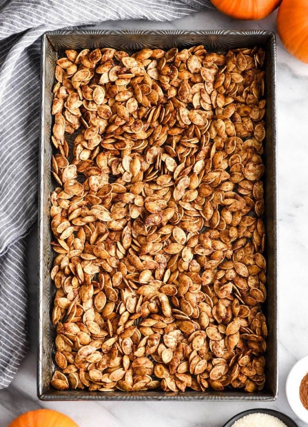 Homemade cinnamon sugar roasted pumpkin seeds