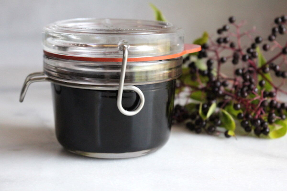 Jar of homemade elderberry syrup