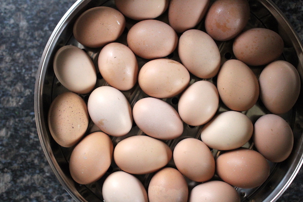 Eggs in steamer basket for making easy peal hard boiled eggs
