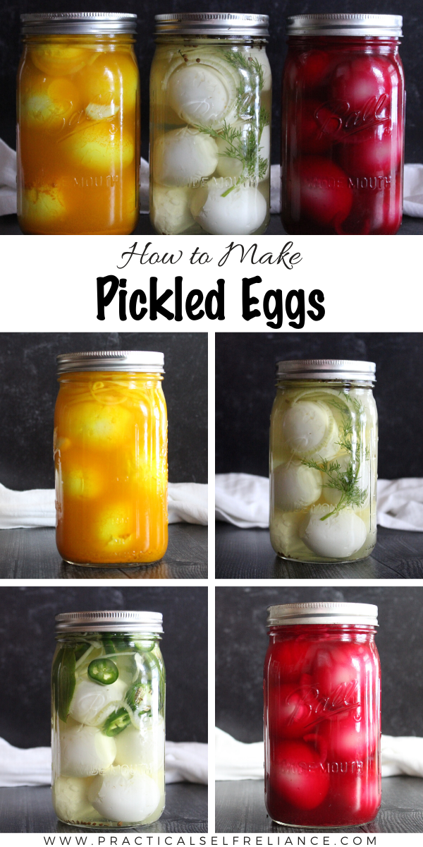 Homemade Pickled Eggs are a real treat and the perfect tangy salty snack. Just pour a flavorful brine over hard-boiled eggs and stick them in the fridge, no canning required. #foodpreservation #eggrecipes 