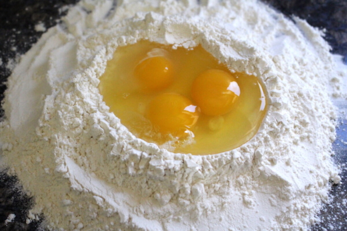 Eggs in Flour well for making homemade pasta