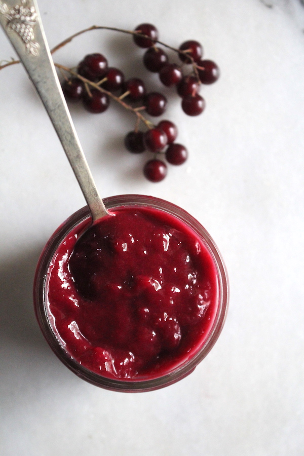 Chokecherry jam (or fruit butter) after stirring