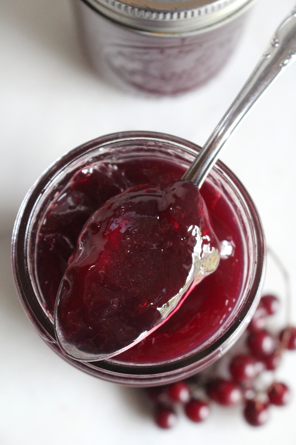 Jar of homemade chokecherry jelly
