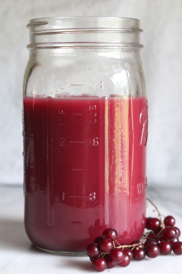 A bit under 3 cups of chokecherry juice in this jar, straight from my steam juicer. I was able to draw off the full 4 cups for a batch by the end of a 60 minute steam process.