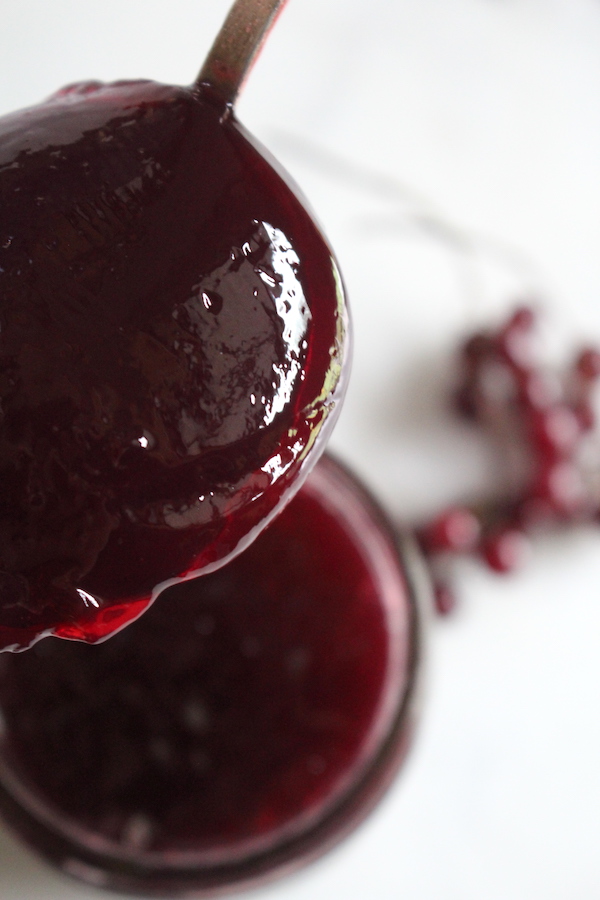 A closeup of a spoonful of chokecherry jelly to show finished texture without added pectin.