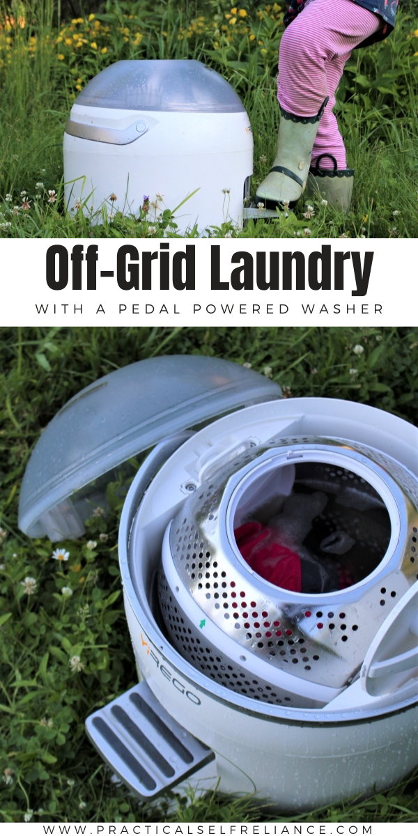 Off Grid Laundry is easy with a pedal powered washer. This tiny portable washing machine is super efficient, and can go anywhere!