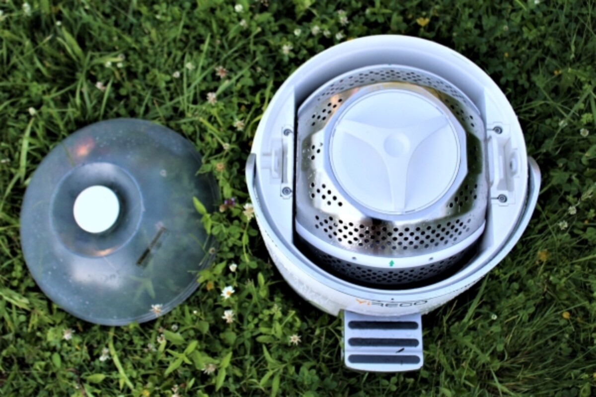 A pedal powered washing machine with the outer cover removed