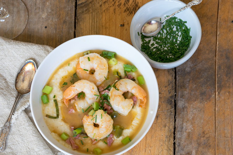 Southern Bistro Shrimp and Grits with diced green tomato from Nourish and Nestle
