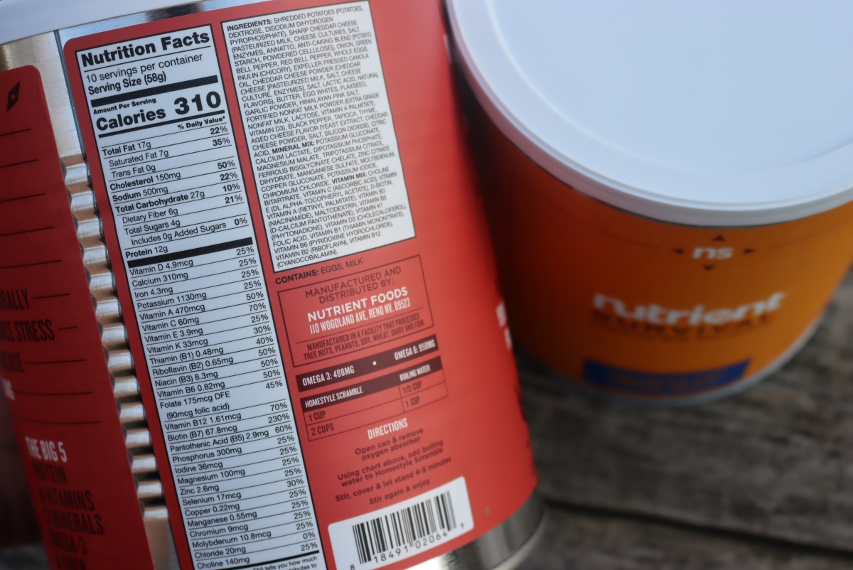 Breakfast Scramble Nutrition Label for Nutrient Survival Food