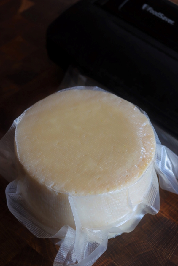 Vacuum sealing a fresh cheddar cheese before aging