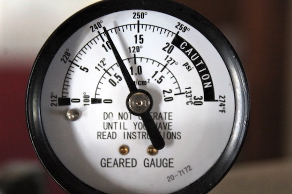 Pressure Canner Guage showing temperature and pressure during canning.