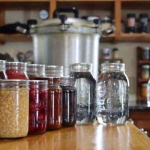 Pressure Canning ~ A display of foods that need to be pressure canned, along with a pressure canner.